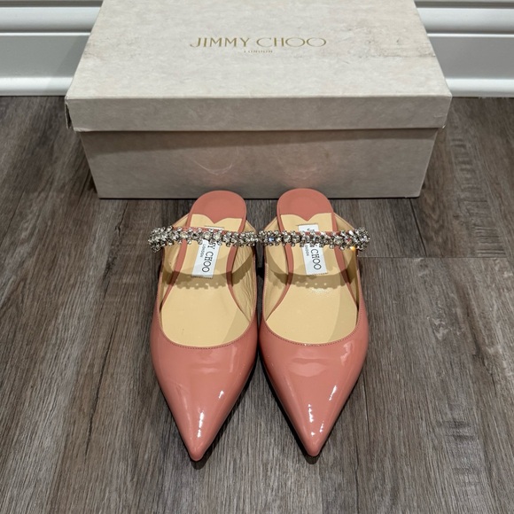 Jimmy Choo Bing Embellished Strap Point Toe Blush Patent Leather Pump Flats - Picture 4 of 16